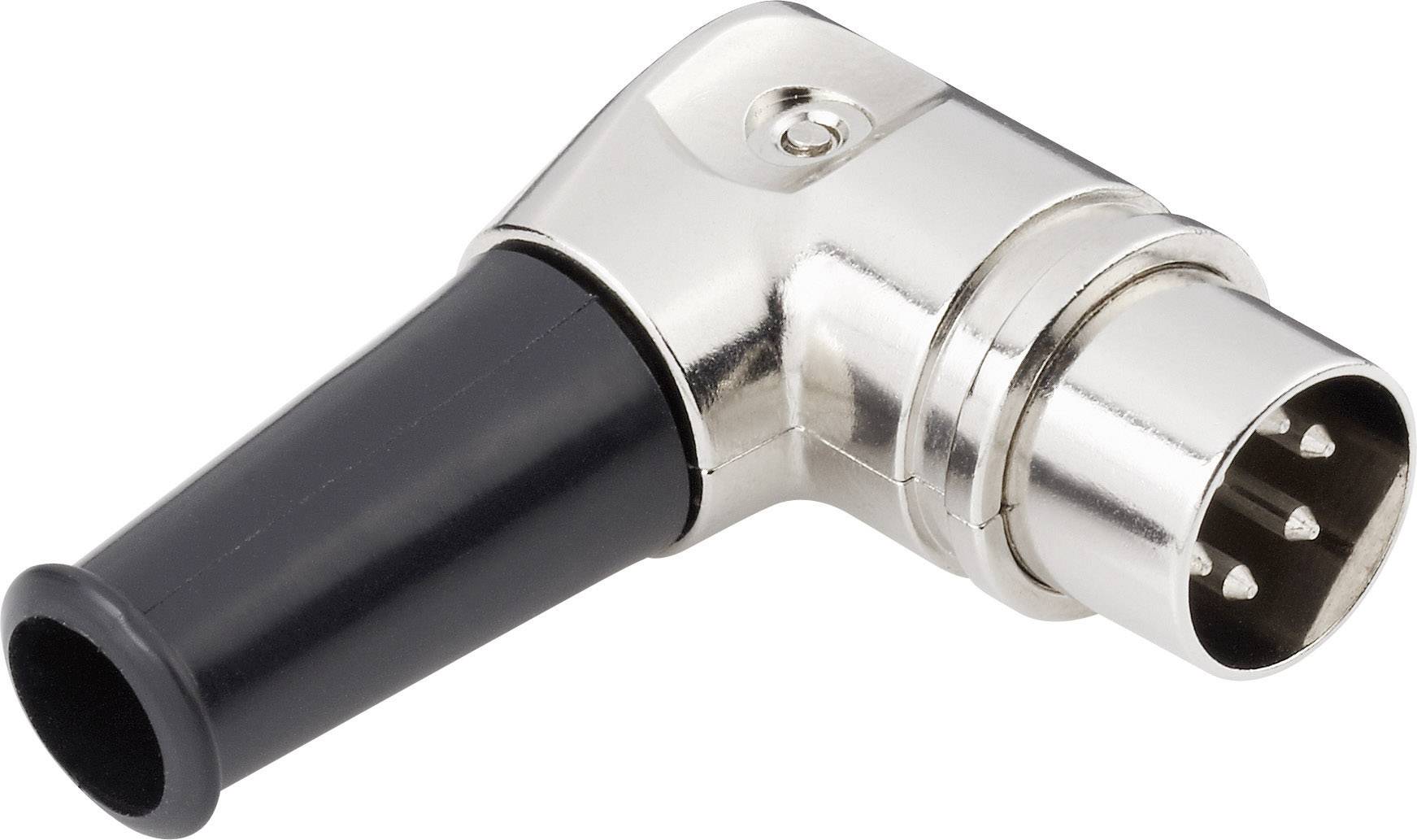 Socket with 5-pin DIN connector, designed at a right angle. Connects electronic devices, commonly used in audio applications.