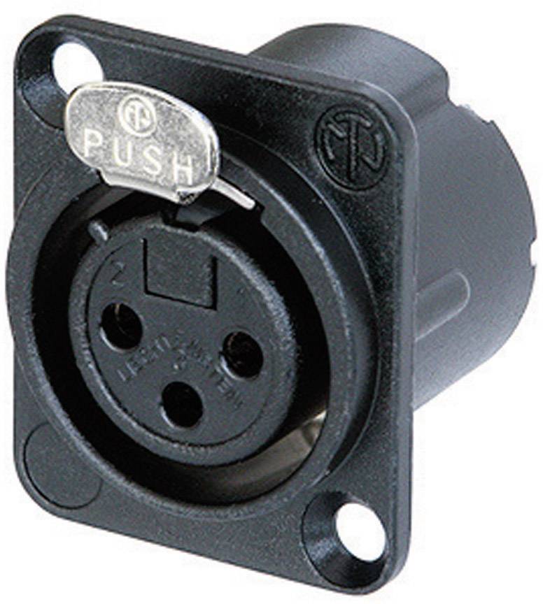 A black XLR socket with three holes and a 'PUSH' button at the top edge for locking the connector.
