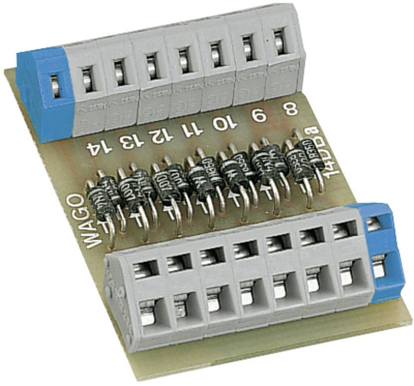 A circuit board with multiple blue and grey terminal blocks and resistors, likely used for wiring or connecting individual circuits.