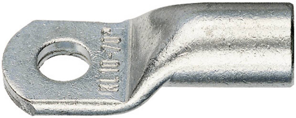 A metallic cable lug with a hole for electrical connections, typically used for securely connecting cables to terminals.
