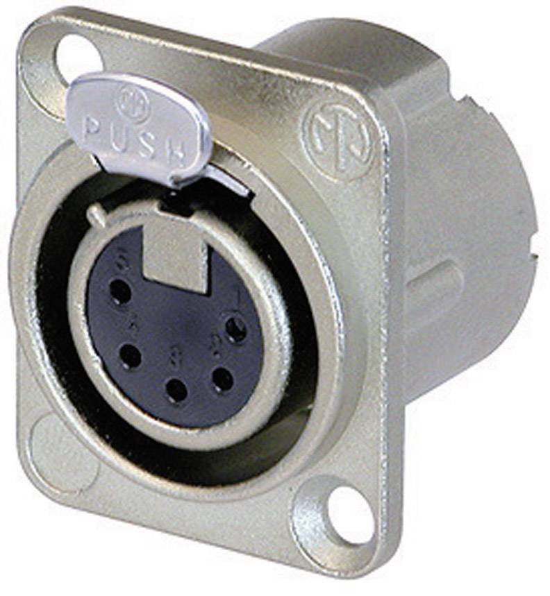 A round, silver socket connector with a black insert and multiple holes, used for connecting electronic devices.