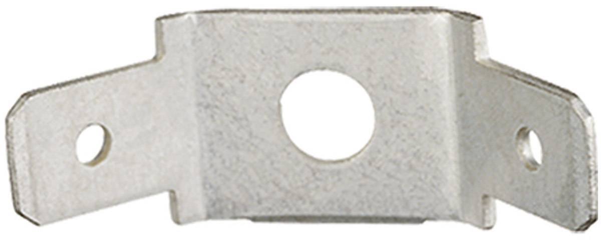 Metal clip with three holes, two on the sides and one in the centre. Used for fastening or mounting.