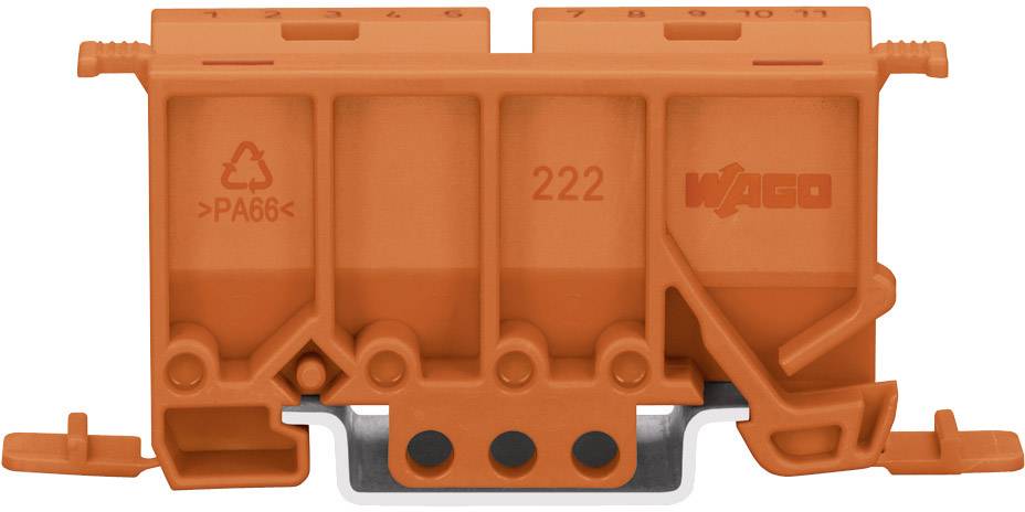 Orange electrical connector with '222' inscription and manufacturer's logo, used in electrical installations.