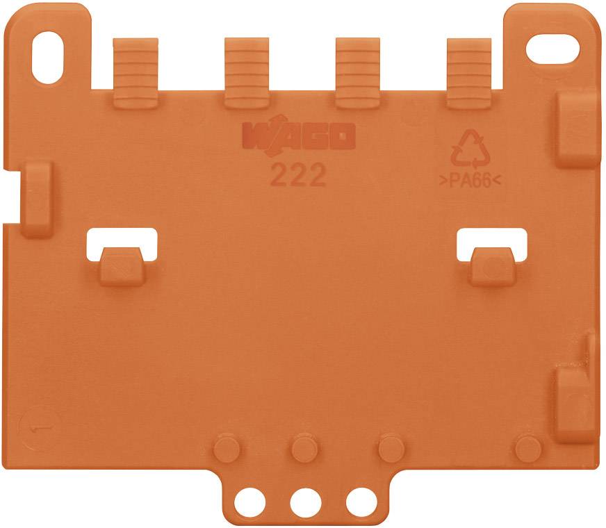 Orange plastic holder with multiple notches and holes, labelled 'WAGO 222'.