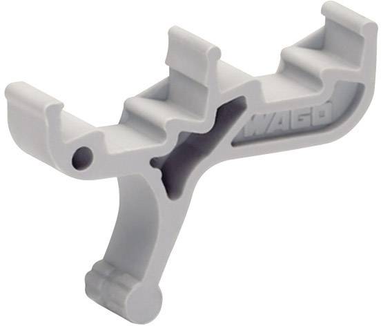 Grey plastic tool with a hook and handle, likely used for installing or removing electrical connectors.