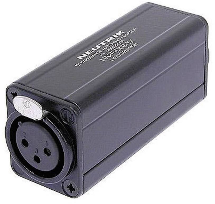 A black adapter with an XLR socket and brand logo on the top surface. Used for audio connections.