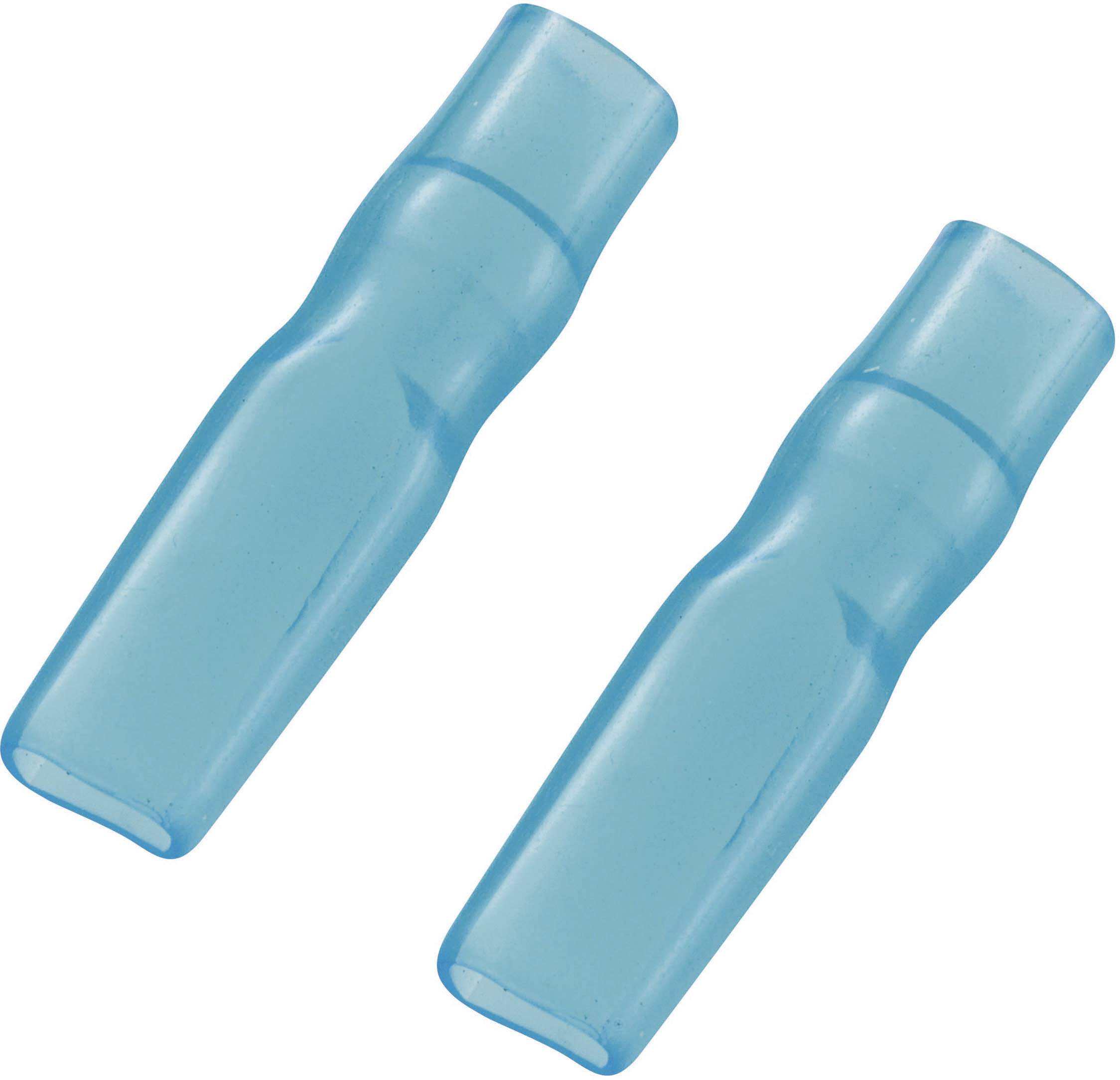 Two blue plastic sleeves side by side on a white background.
