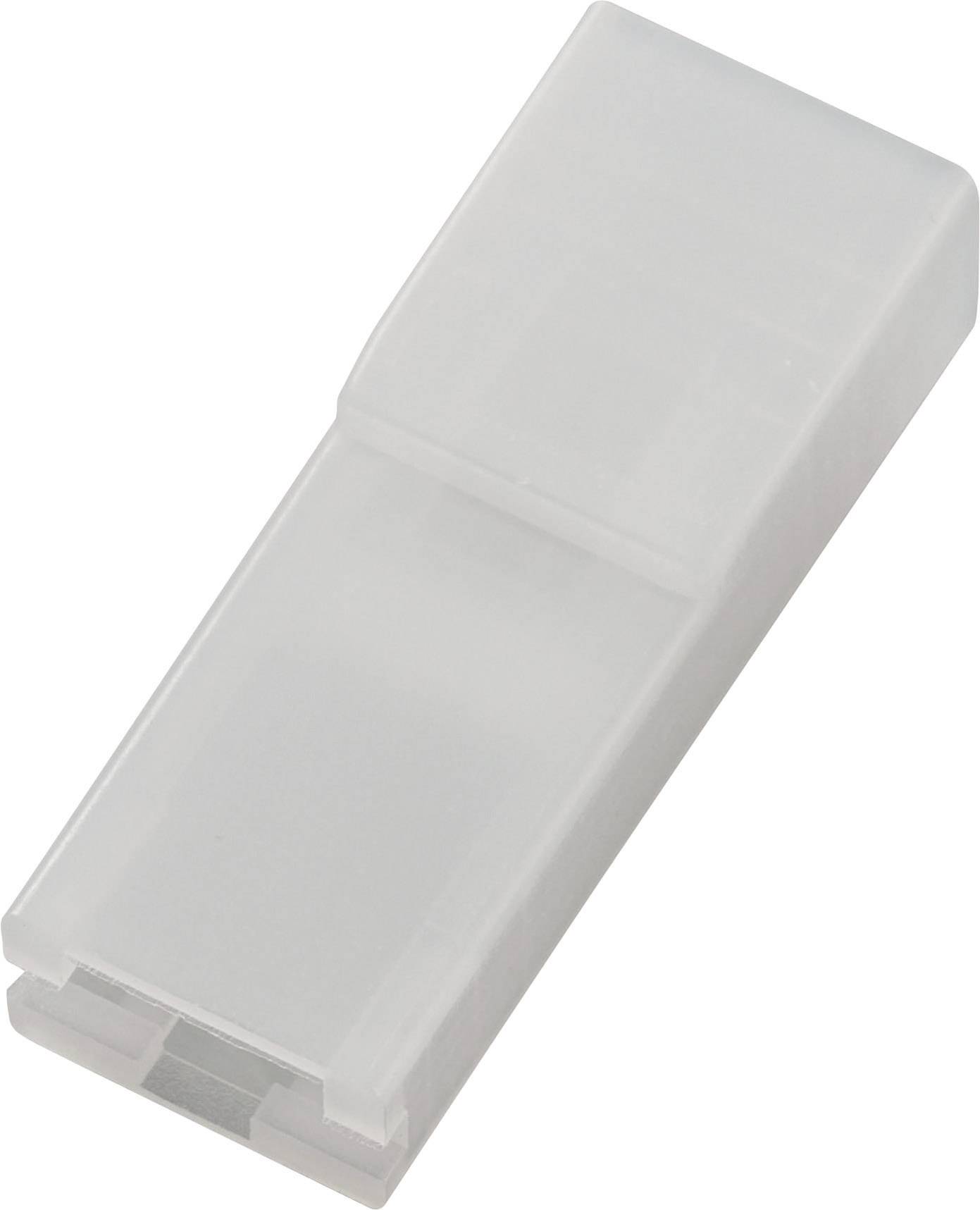 A transparent, rectangular plastic cap cover for a USB stick or storage device, lying on a white surface.