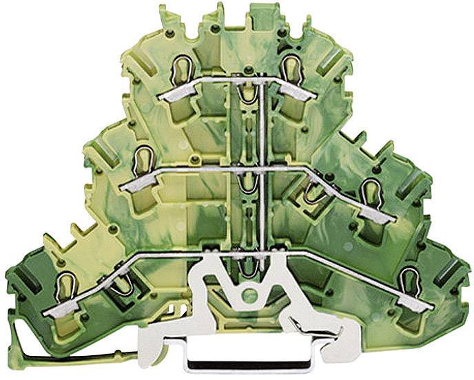 A green-yellow modular terminal block with multiple metal connecting bridges, used for electrical circuits.