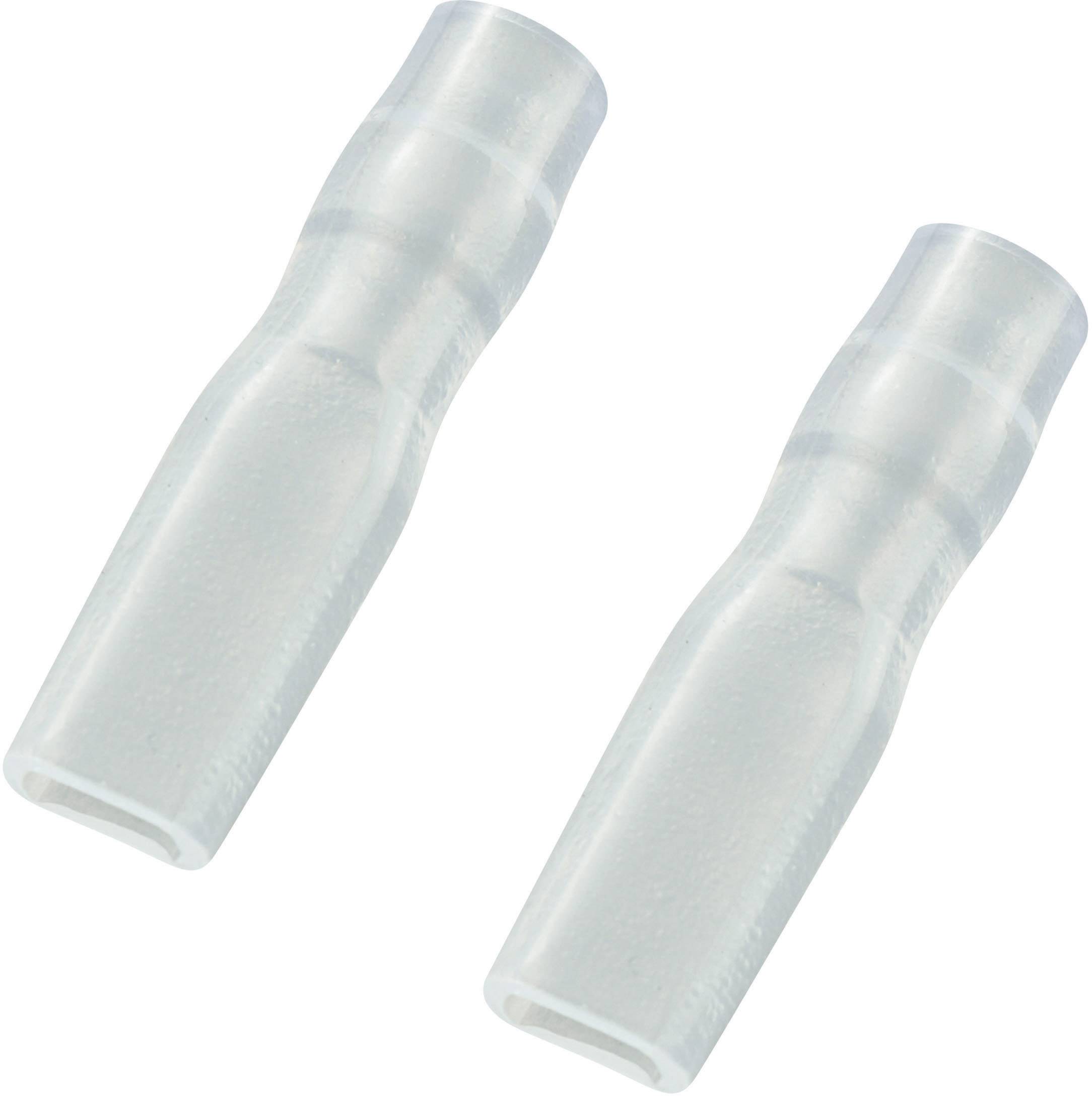 Two transparent plastic sleeves in the form of narrow tubes, slightly enlarged at one end. They lie parallel to each other.
