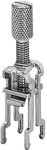 A chrome-plated furniture connector with a knurled screw and serrated clamps, used for secure joining of furniture components.