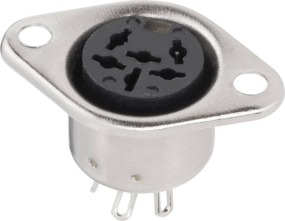 A silver round connector with two screw holes and several electrical contacts inside.