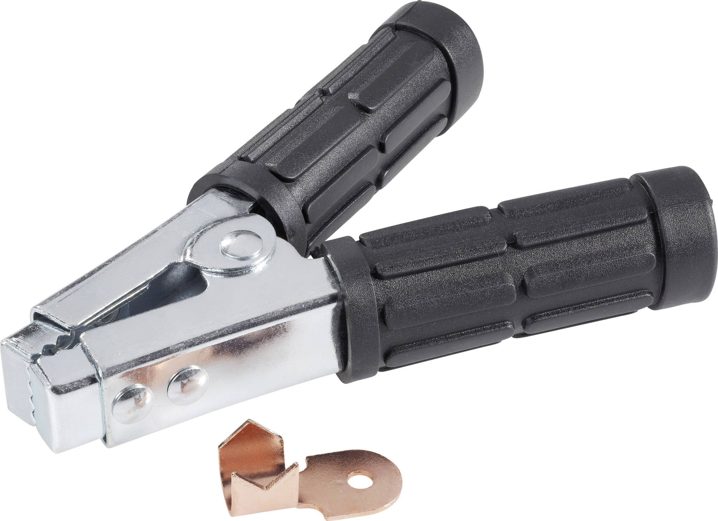 Black battery terminal with copper connection, suitable for battery or electrical applications. Robust grip structure.