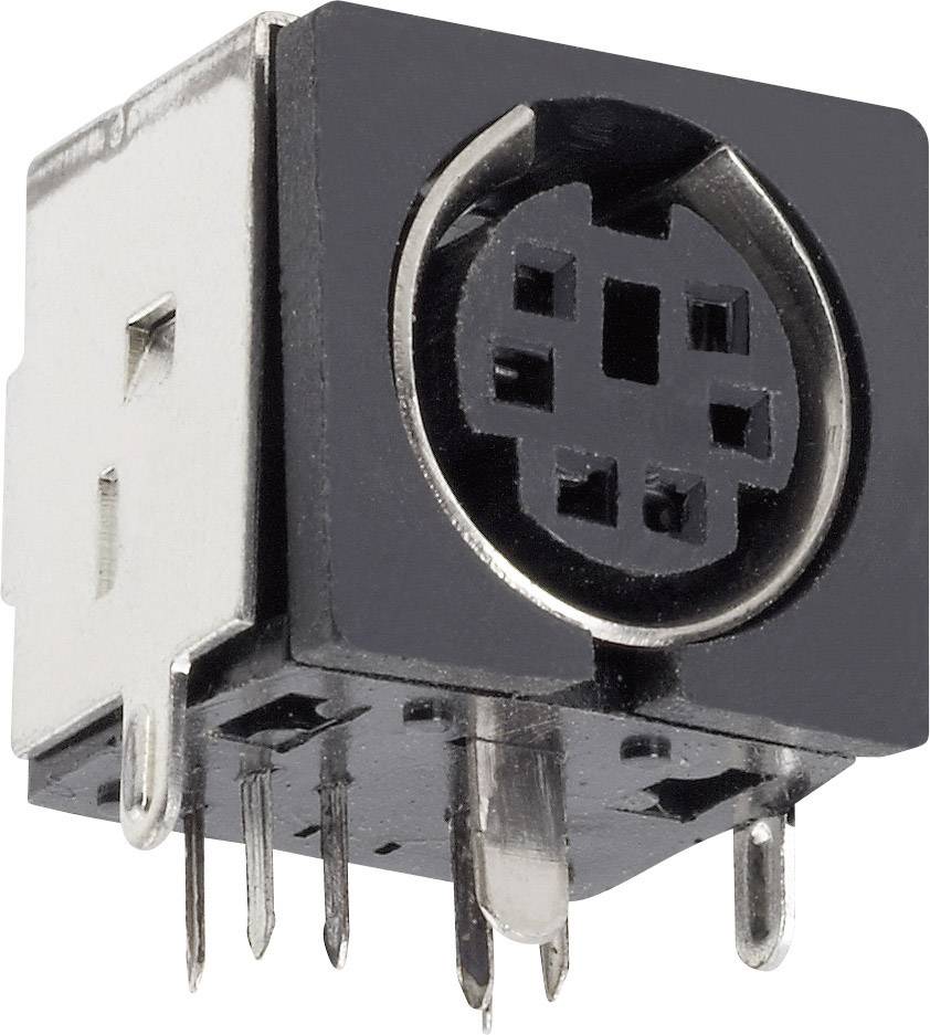 A black, rectangular DIN socket with metal contacts, commonly used for audio or MIDI connections.