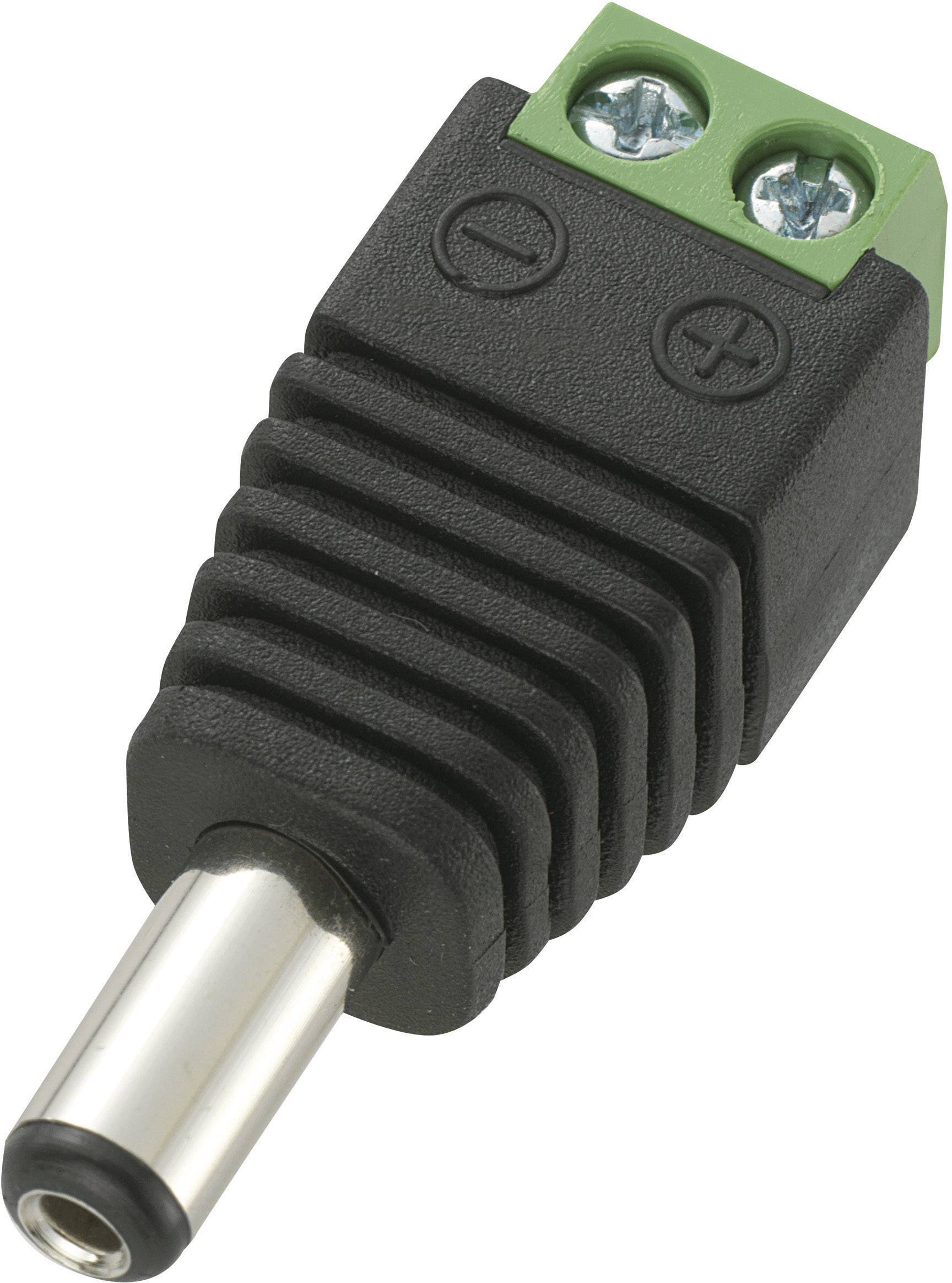 Black DC screw plug with two green screw terminals, plus and minus signs engraved.