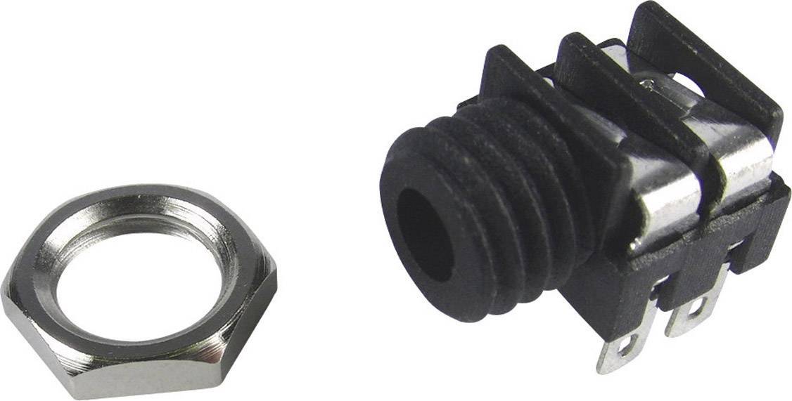 A black 3.5 mm jack plug with a metal nut, commonly used for audio devices and electronic connections.