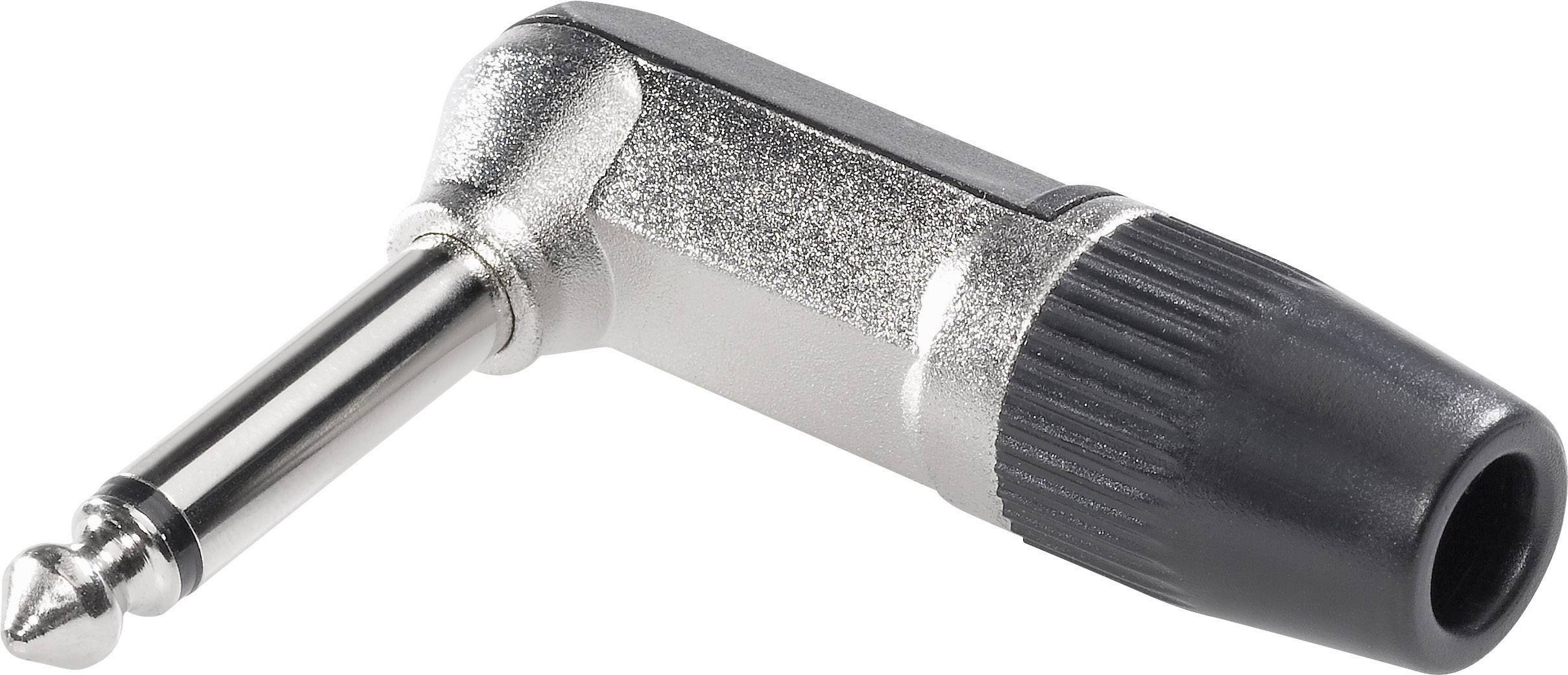 Right-angle jack adapter made of metal with a black plastic housing, suitable for connecting audio cables in confined spaces.