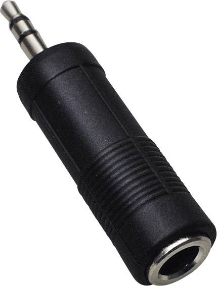 A black audio adapter with a 3.5 mm plug and socket, suitable for headphone connections.