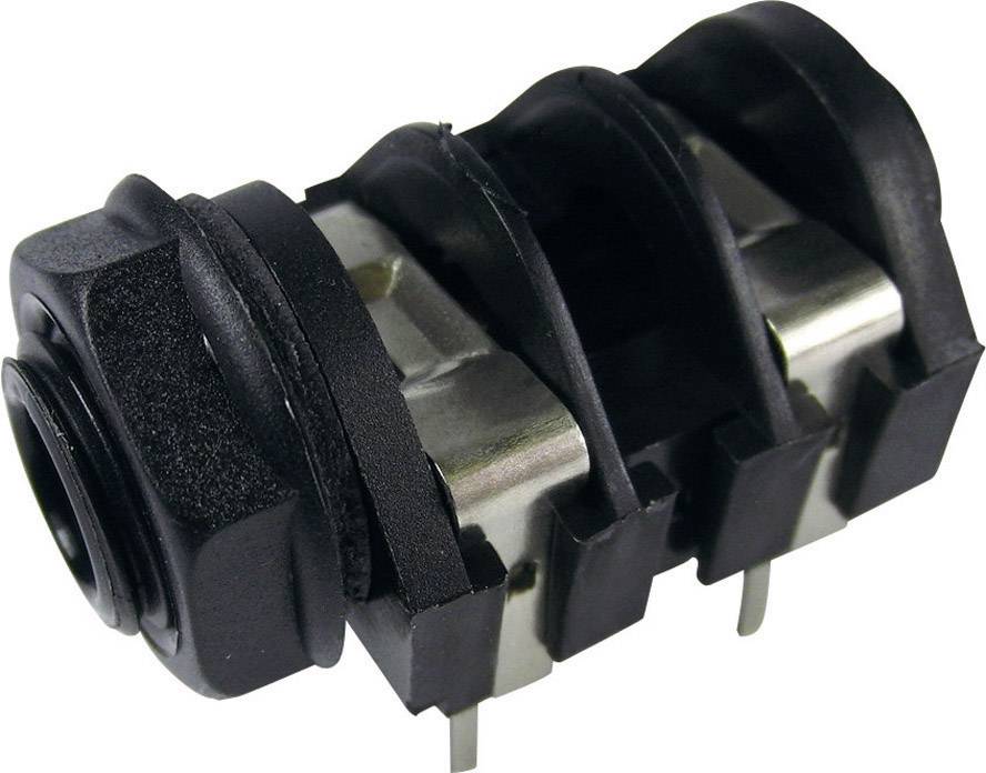 Black three-pole jack socket with silver contact pins, used for electrical connection in audio devices.