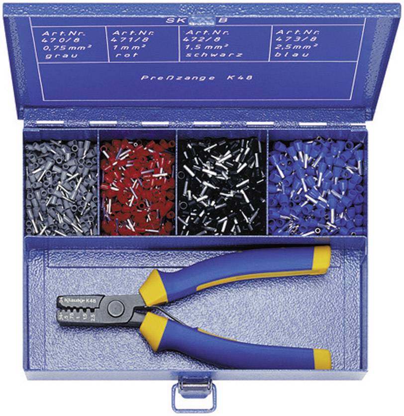 Blue set with crimping pliers and four compartments filled with insulated cable end ferrules in Grey, Red, Black and Blue for various cable sizes.