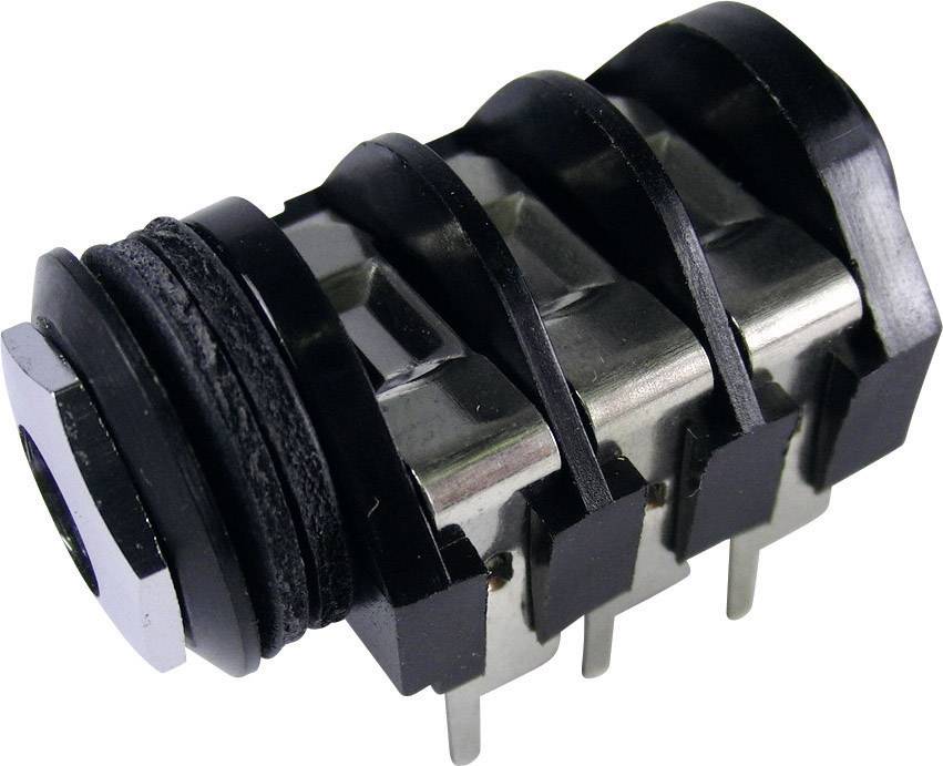 A black audio jack plug with four metal pins for securing, commonly used in electronic devices.