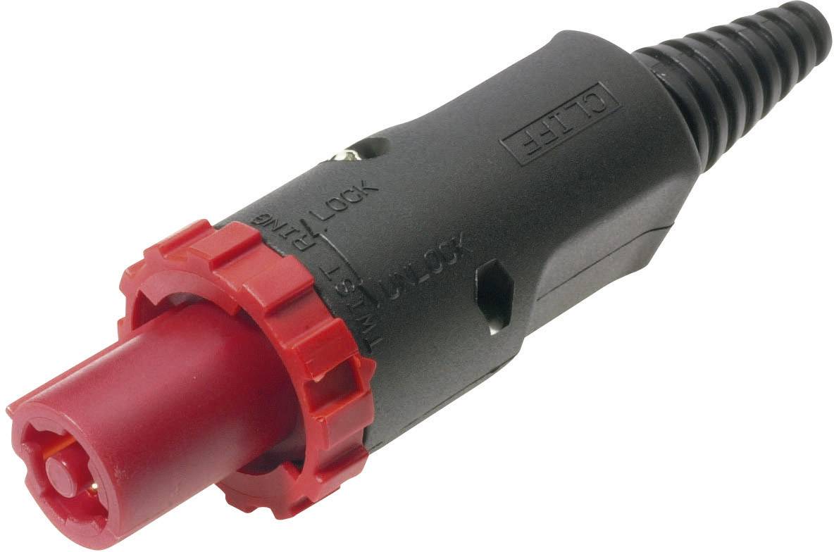 A black and red electrical connector, potentially for industrial applications, with a locking mechanism.