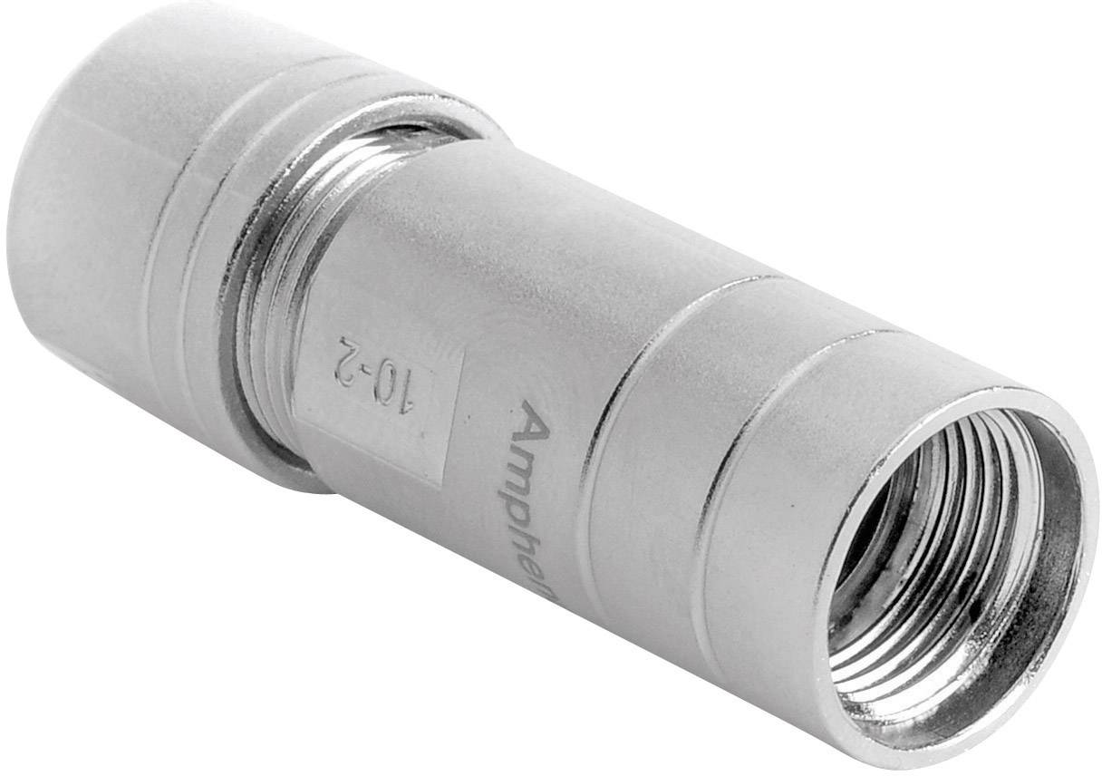 Metallischer Koaxialstecker, zylindrisch, mit Gewinde an einem Ende. Hauptmaterial ist silbernes Metall. Geeignet zur Kabelverbindung.