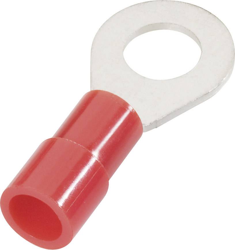 Red cable lug with a round metal connector at the top, used for securely connecting cables with screw terminals.