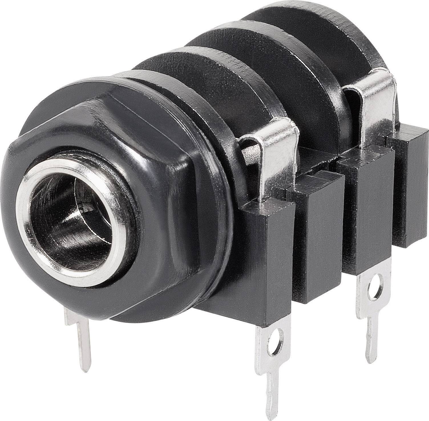 A black, three-pole 6.35 mm jack socket with metal contact tongues, suitable for audio connections or electrical devices.