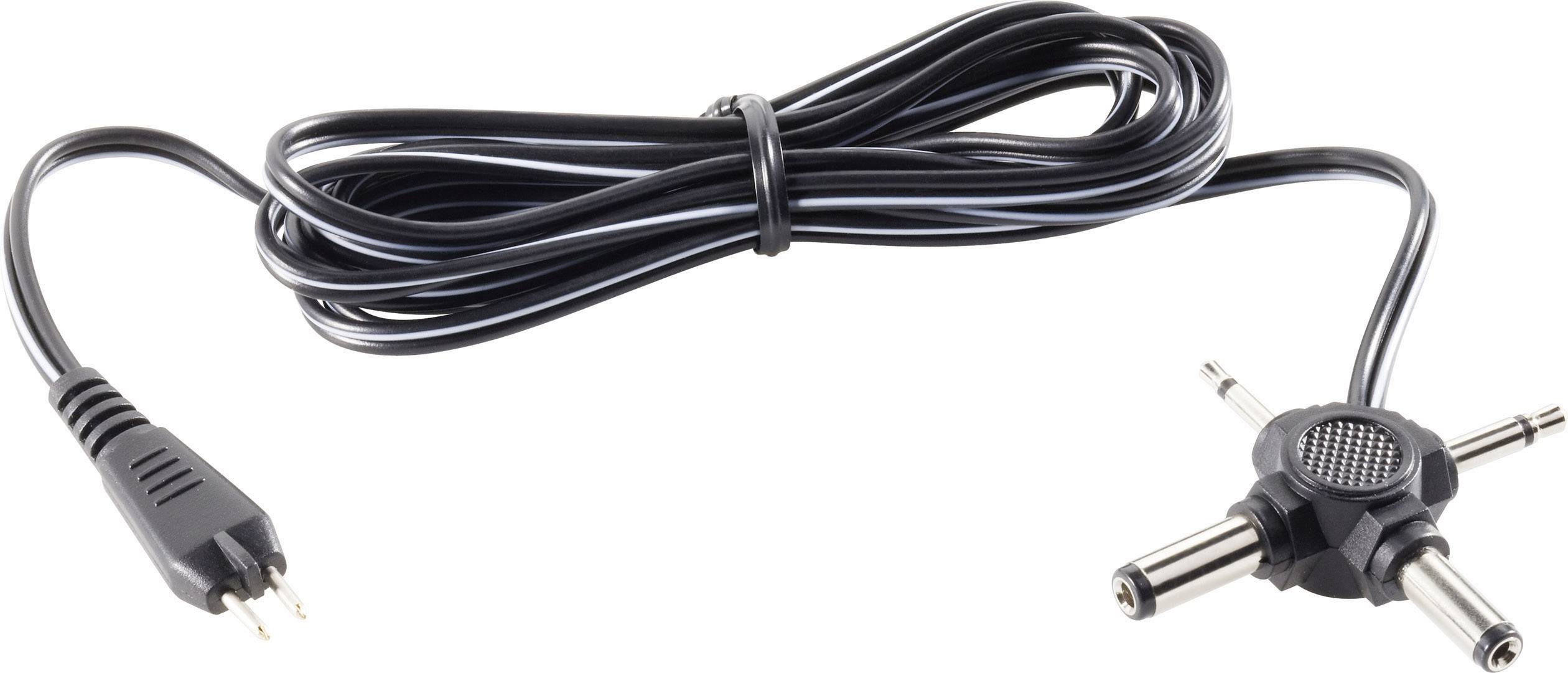 Black electrical cable with a three-pin audio plug and an adaptor that splits into three connections.