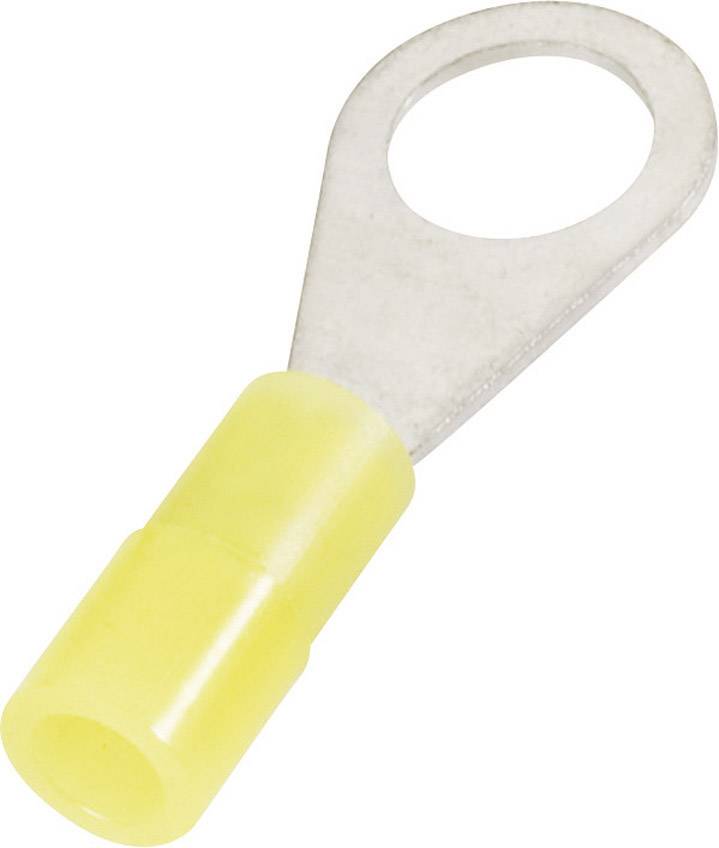 Yellow cable lug with ring terminal, used for connecting electrical conductors to screw terminals.