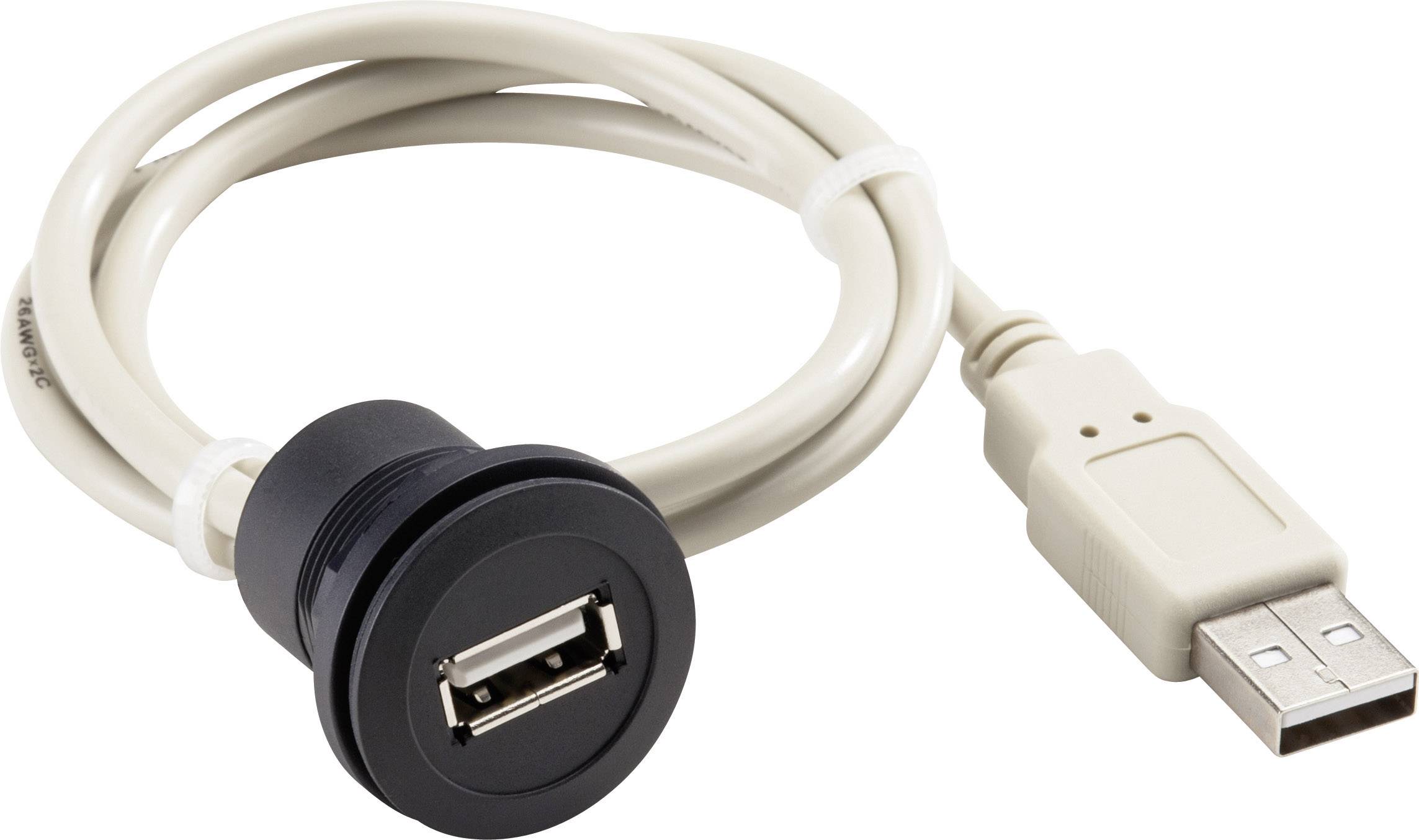 A USB extension cable with a black socket and beige plug, suitable for extending USB connections.