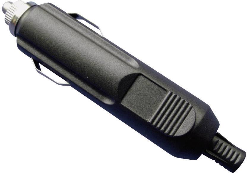A black plug for the cigarette lighter socket in a car, used to power devices within the vehicle's interior.