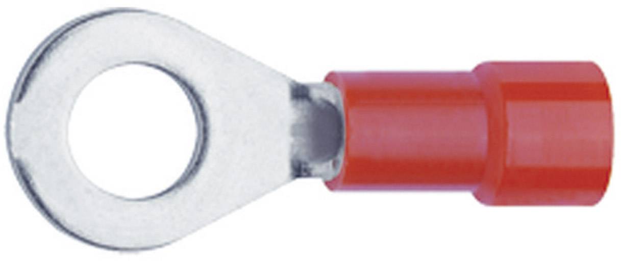 A red metal cable lug with plastic coating, used for connecting cables to electrical devices.