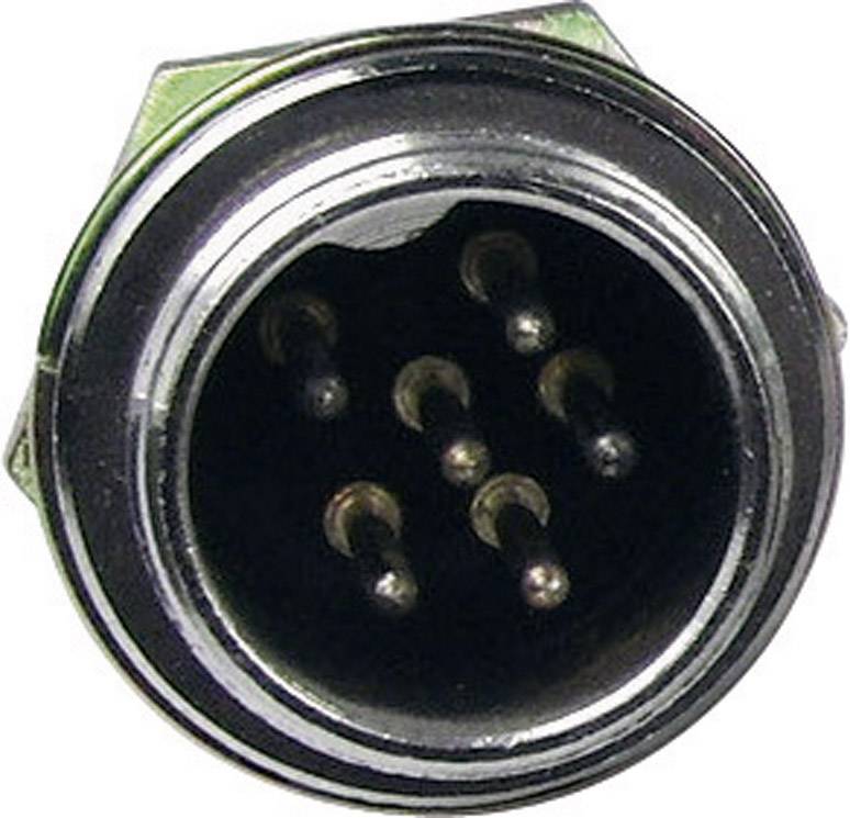 A round, black plug with five silver pins inside. The plug has a metal casing and is used for data transmission.
