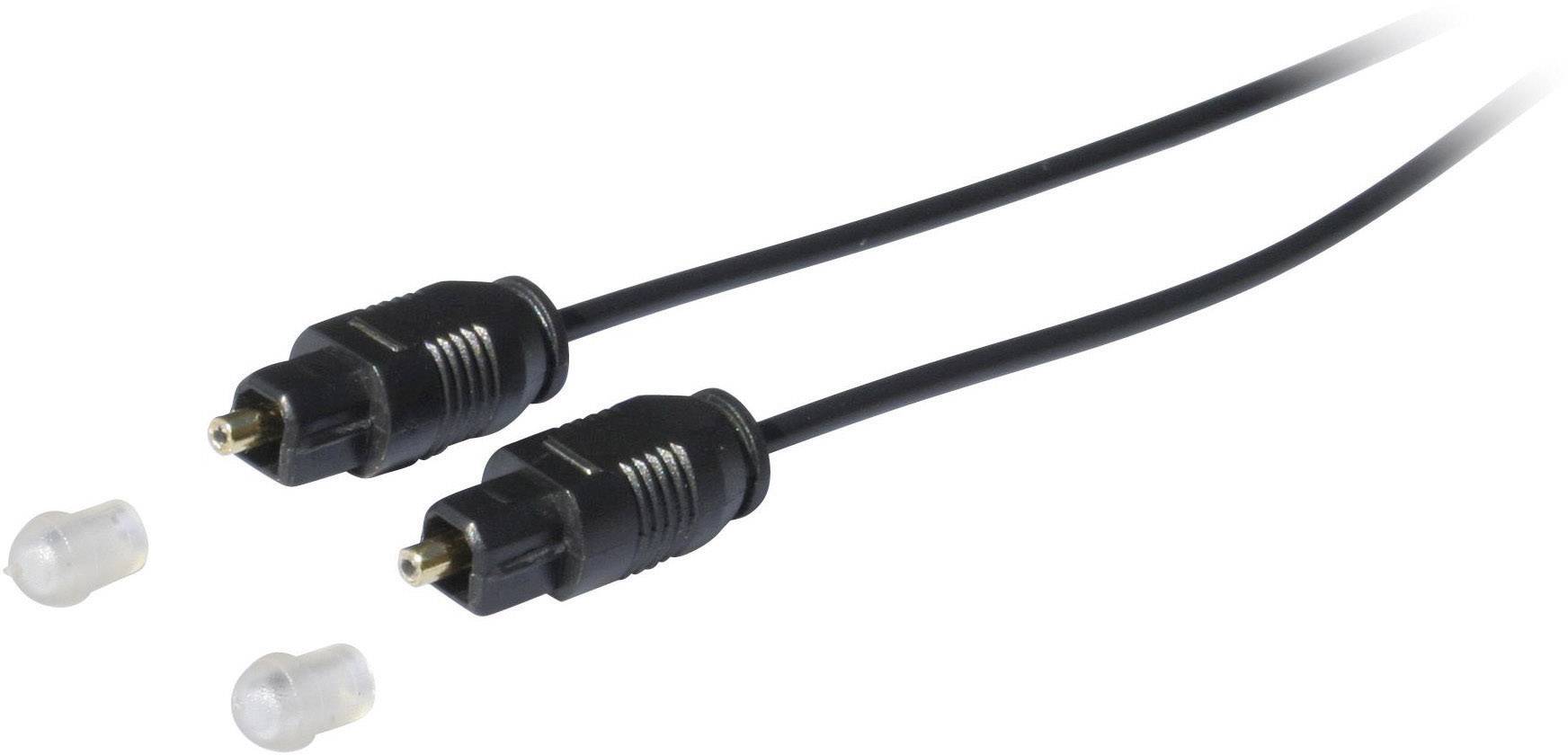Black optical audio cable with two connectors and two removable protective caps.