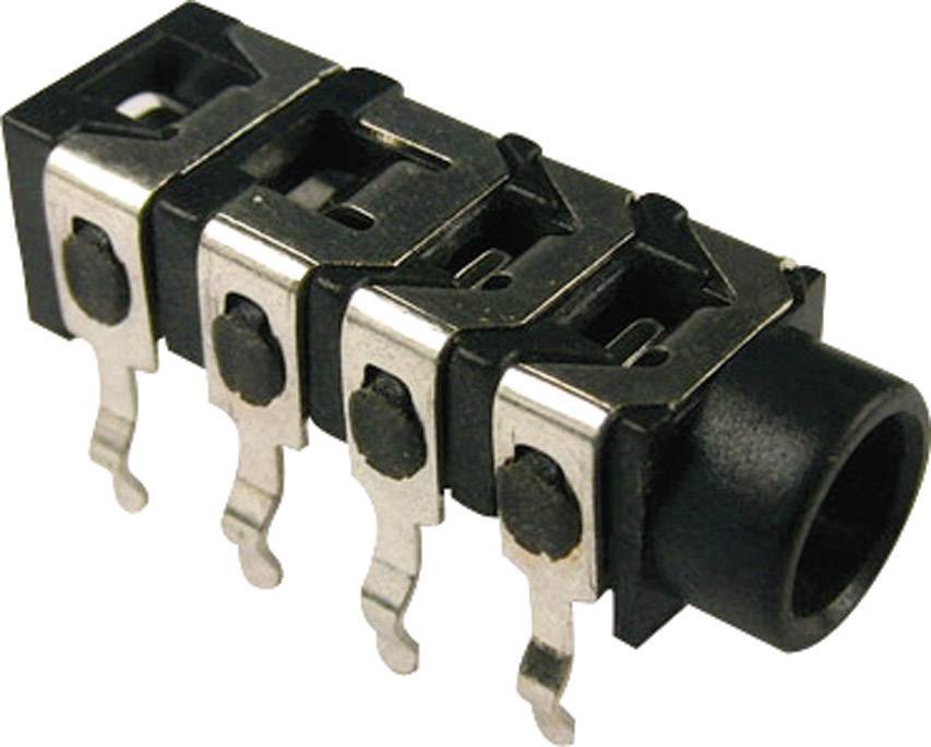 Black, rectangular jack socket with four metal contacts, used for electrical connections in devices.
