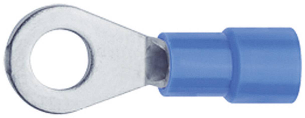 Metal ring cable lug with blue plastic insulation, suitable for connecting cables to bolts or screws in electrical applications.