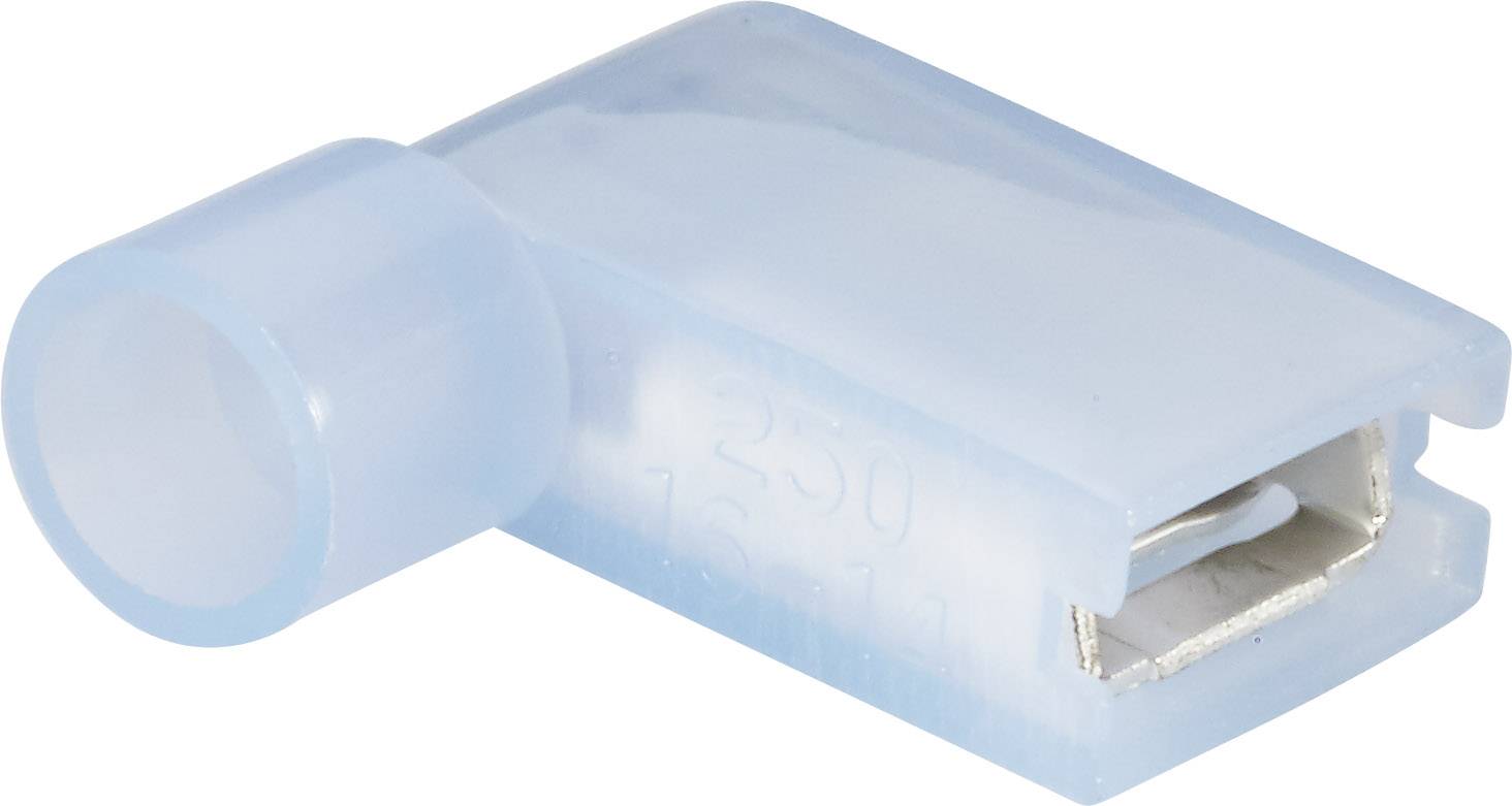 A blue cable lug at a right angle. The connection area is open to receive and connect a cable.