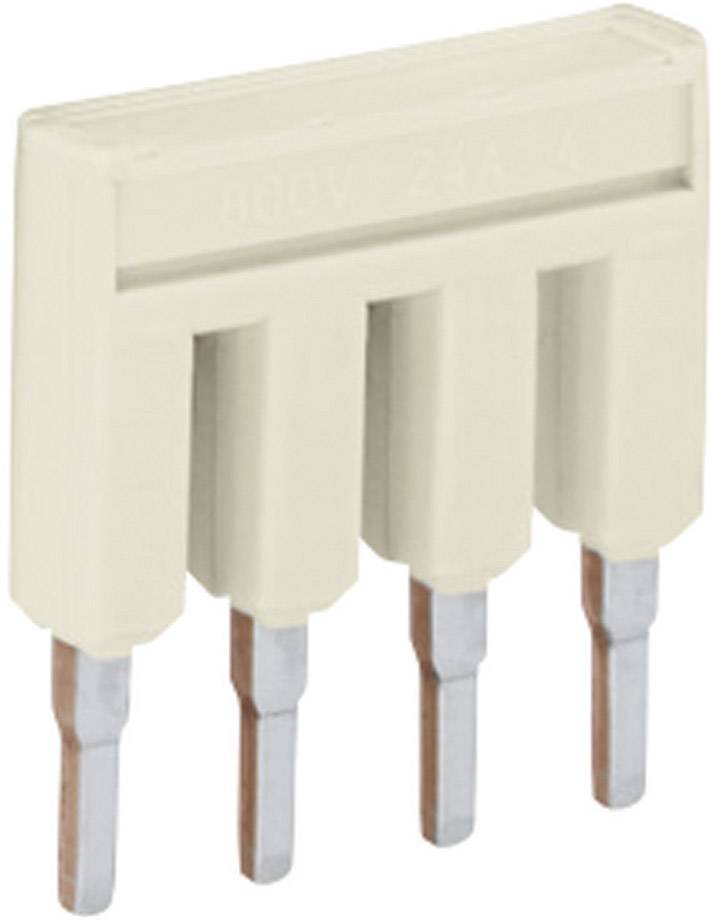 A four-pin connector made of metal with a beige plastic housing. Suitable for electrical applications.