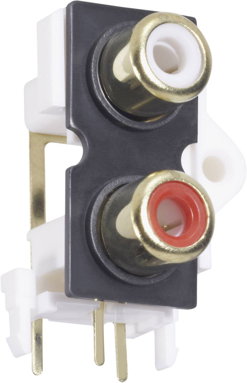 'RCA socket', double side by side, one with a red ring and one with a white ring, on a black plastic mount.