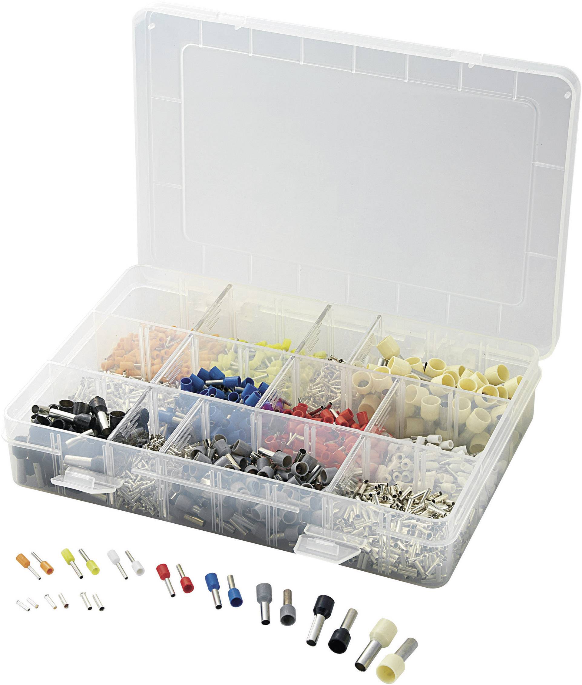 Transparent plastic box with various coloured wire end ferrules in separate compartments for organisation and easy accessibility.