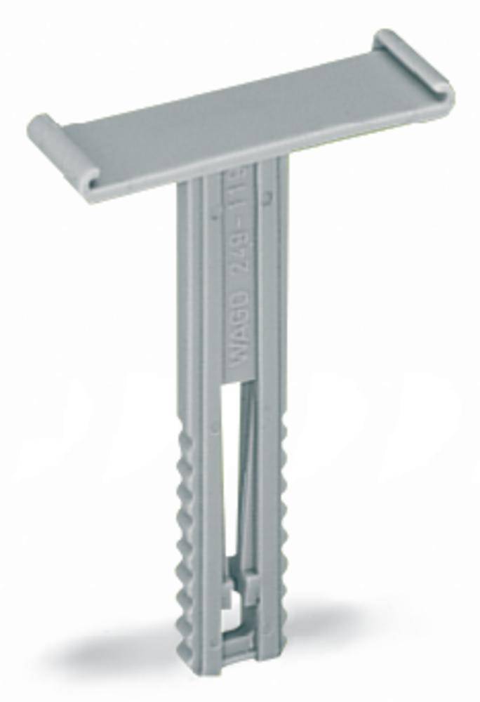 A grey, rectangular plastic wall plug with a serrated shank, suitable for securing items in walls.