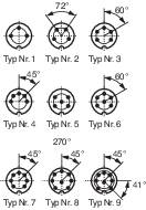 Nine circular circuit diagrams, numbered from Type No. 1 to No. 9, show different angles and contact arrangements.