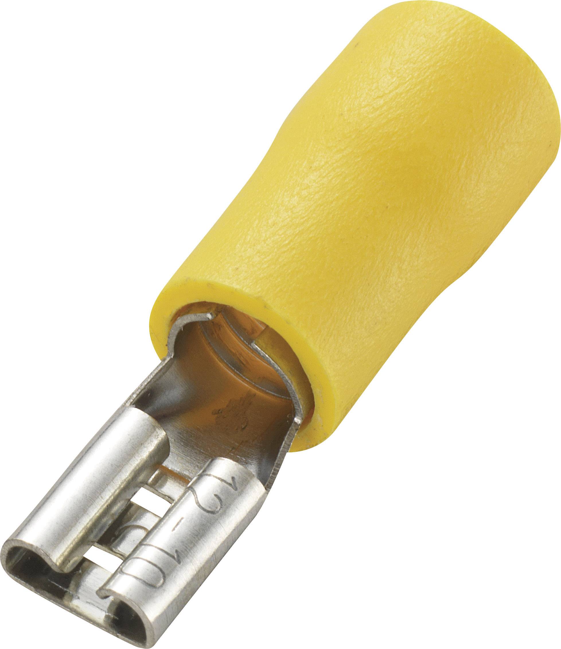 Yellow isolated flat connector with metal contact, used for electrical connection and safety insulation.