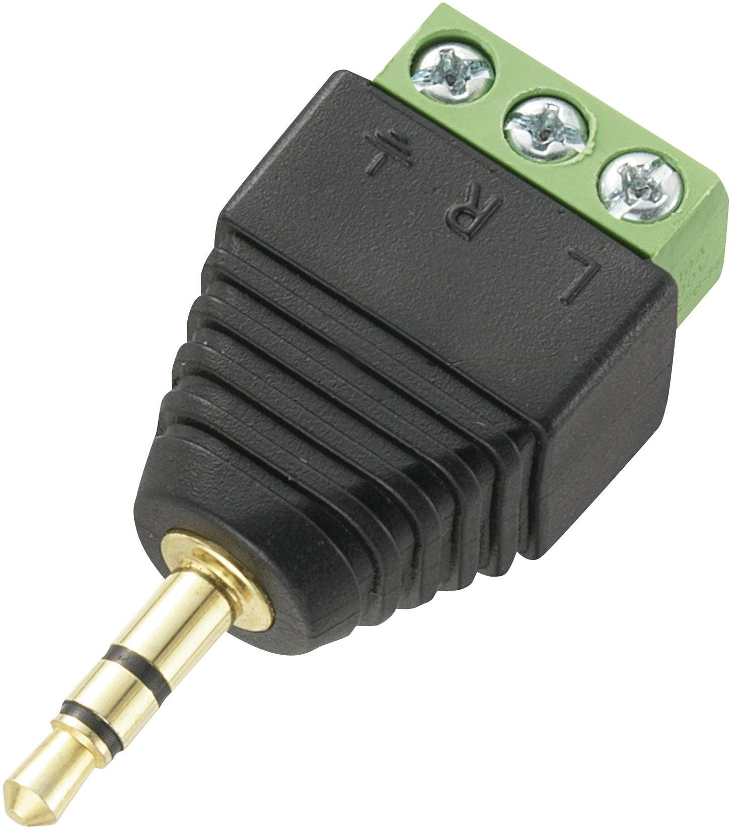 Black 3.5 mm TTRS plug with green connection block, labelled with 'L', 'R', and ground connection. Connects audio devices.