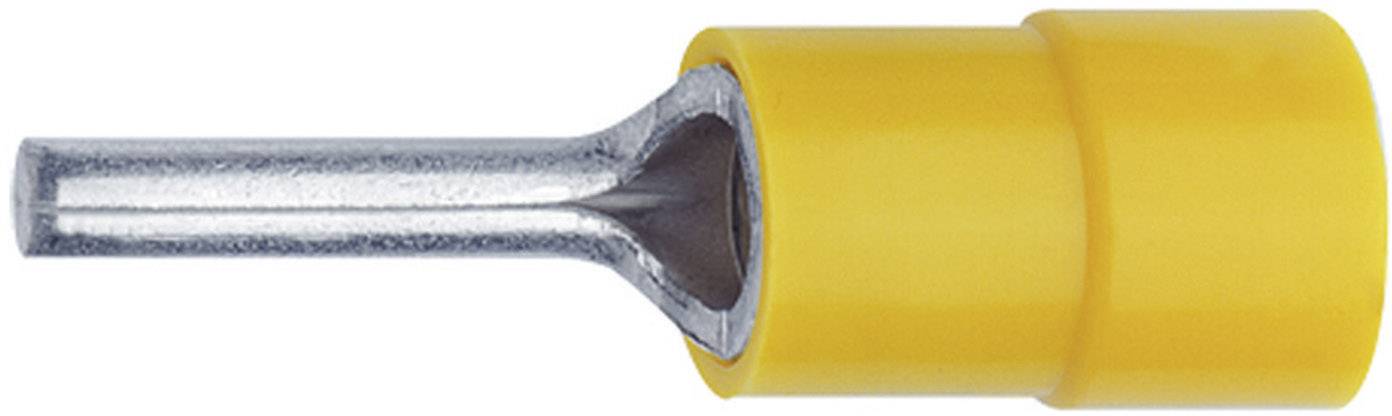 Yellow plastic cable end sleeve with metal tube, insulated. Used for connecting cable ends in electrical installations.