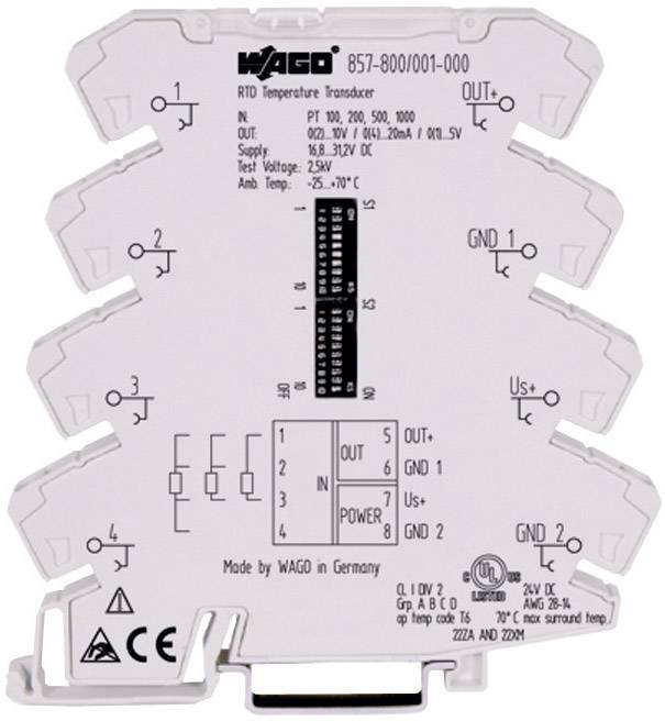 The WAGO 857-800/001-000 RTD temperature meter displays values such as range, supply voltage, test voltage, and temperature range.