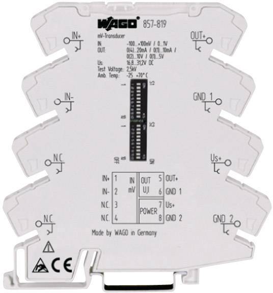 Electrical signal converter by WAGO, Model 857-819. Shows technical specifications and diagram for input/output current range.