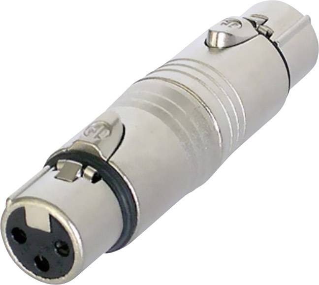 A silver XLR plug with three pins, suitable for audio signals.